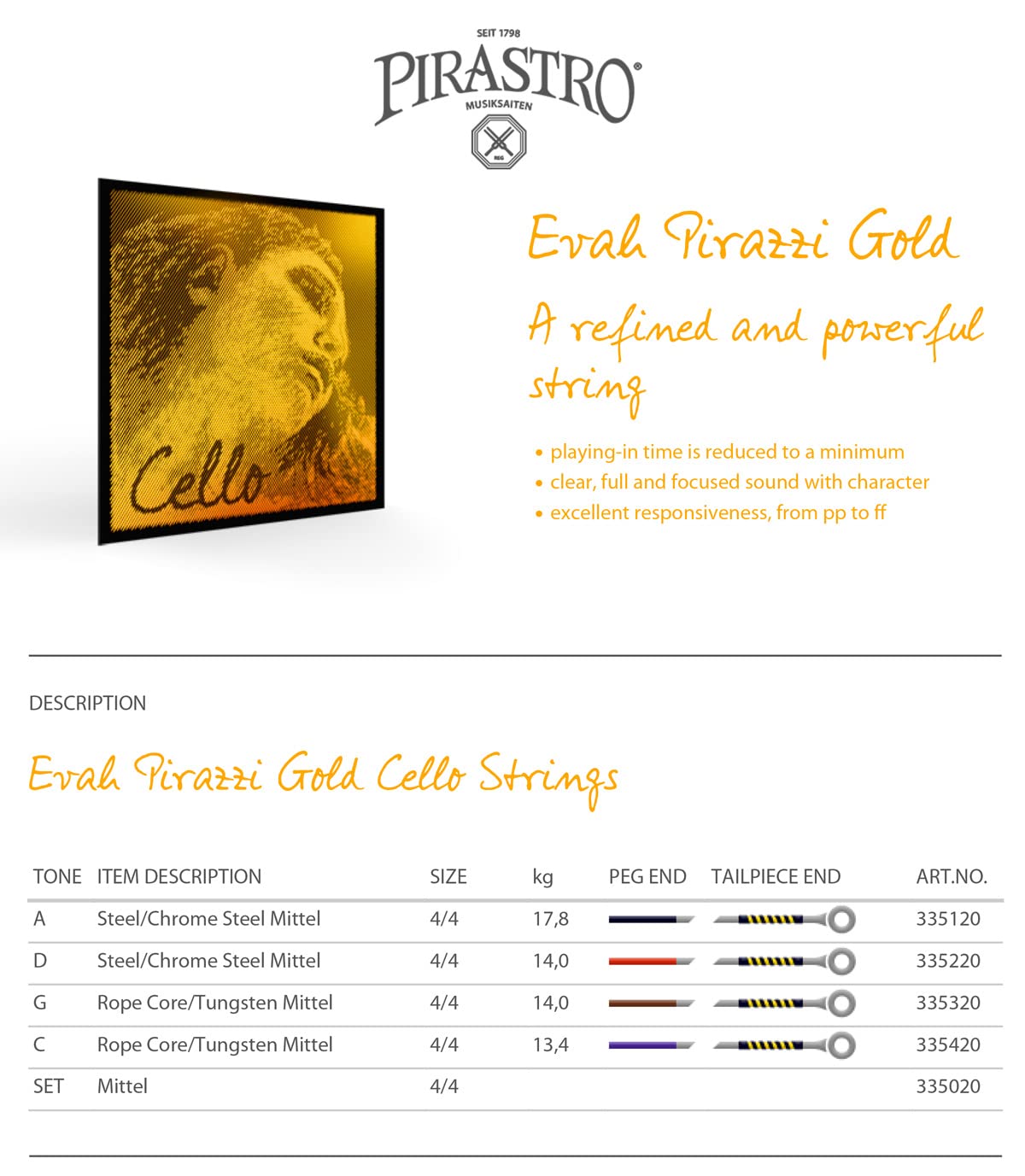Amazon.co.jp: EVAH PIRAZZI GOLD チェロ弦 セット 4/4 (M) #3350